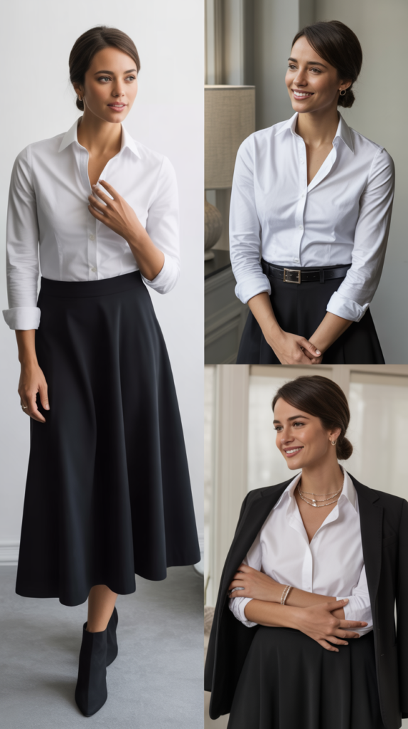 White Button-Down with Black Midi Skirt