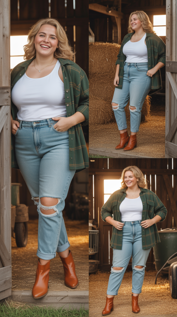  Distressed Boyfriend Jeans With Tied Plaid Shirt