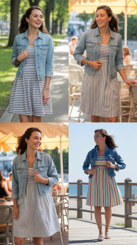 Striped Cotton Dress with Denim Jacket