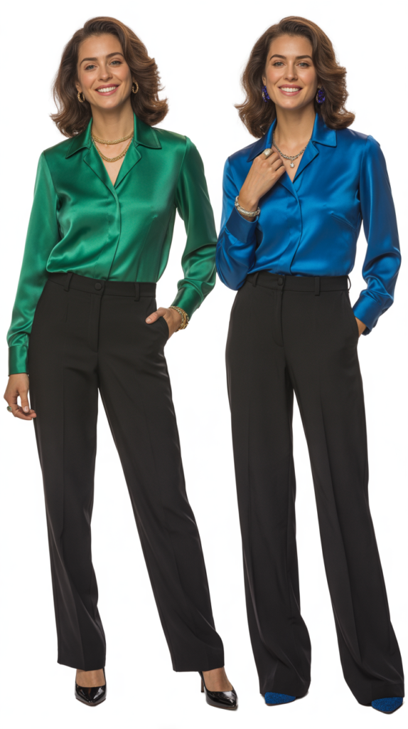  Black Trousers with Jewel-Tone Blouse