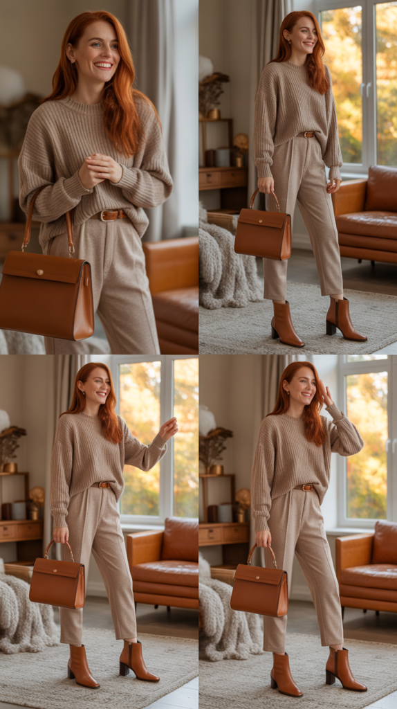 Beige Knit Set with Cognac Accessories