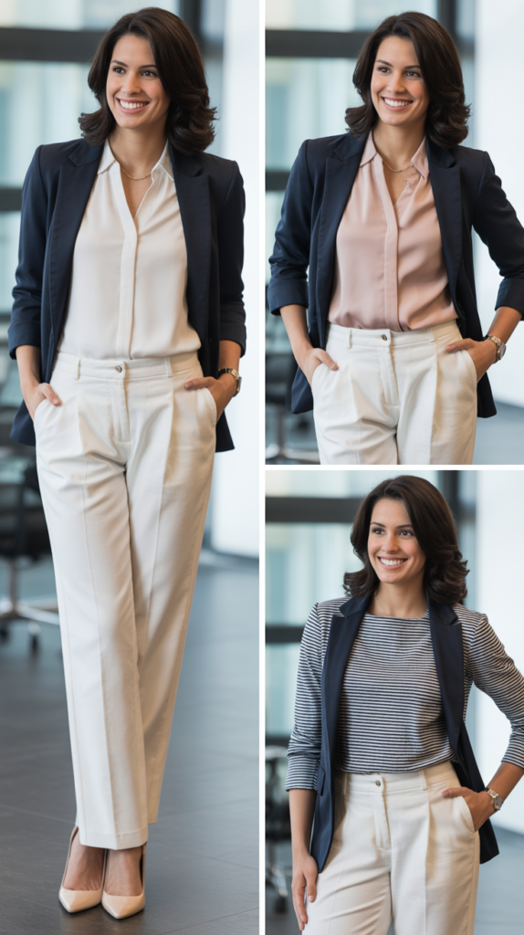 Ivory Trousers with Navy Blazer