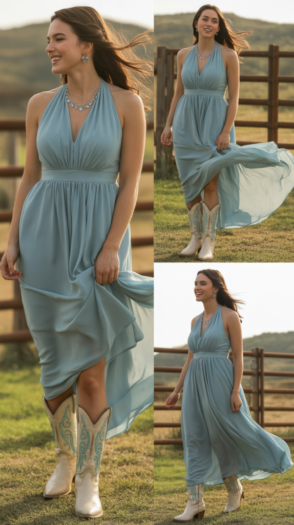 Chiffon Halter Dress with Statement Boots