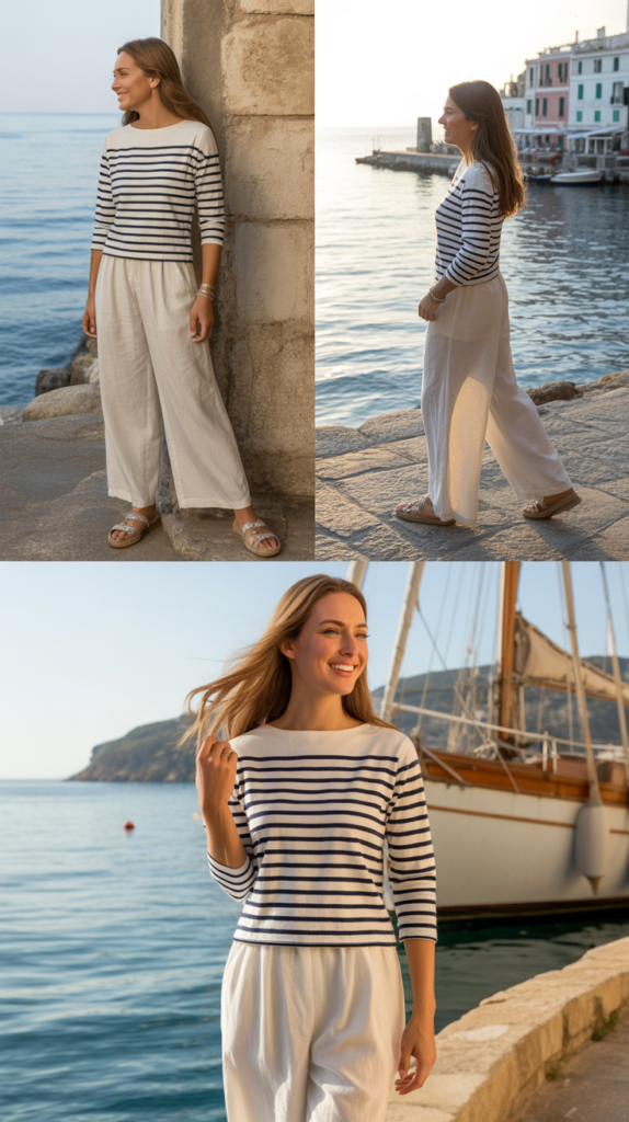 Striped Breton Top and White Linen Pants