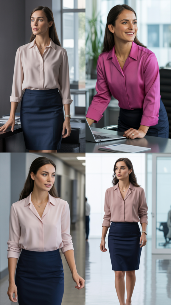 Navy Pencil Skirt with Pink Blouse