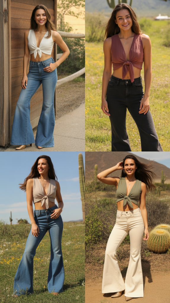 Tie-Front Crop Top with Flared Jeans