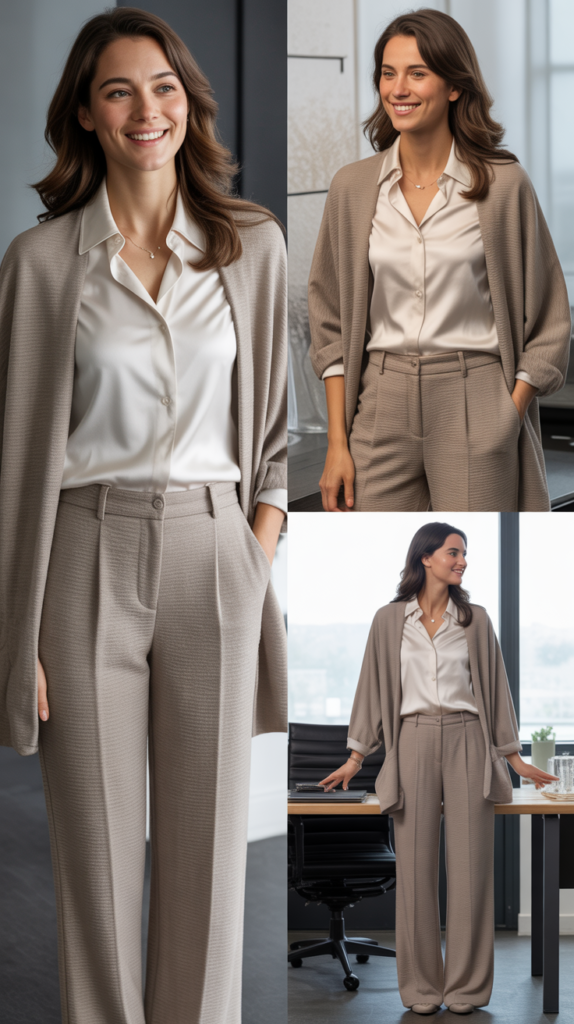 Taupe Knit Trousers with White Silk Blouse