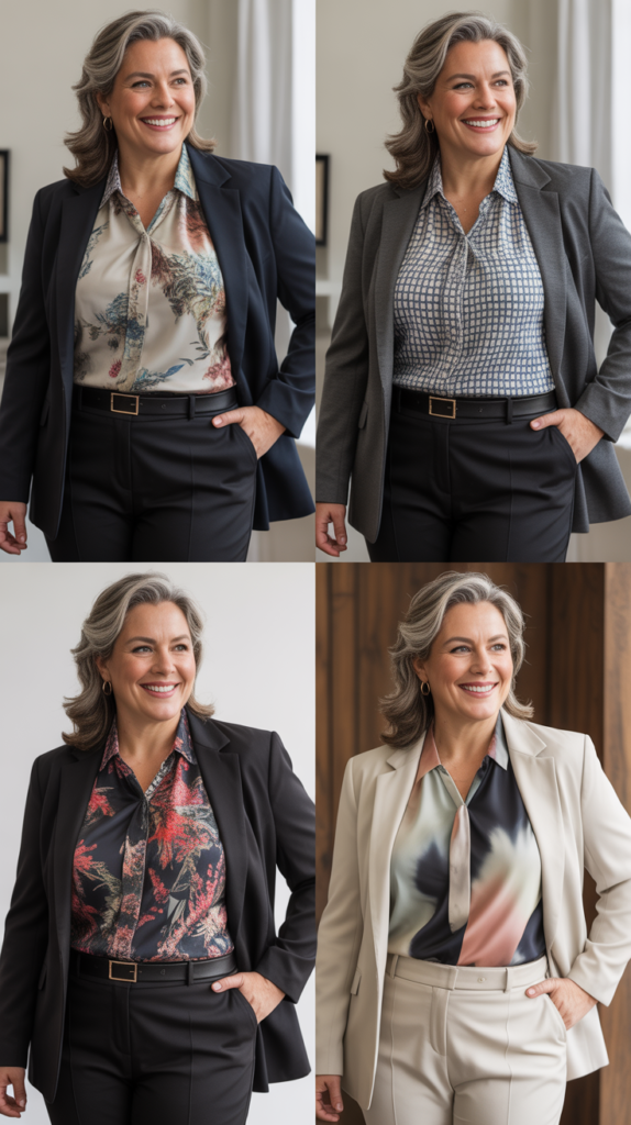 Printed Blouse with Black Trousers and Blazer