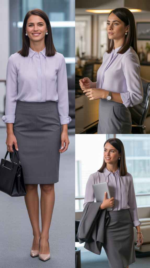  Grey Pencil Skirt with Lavender Blouse