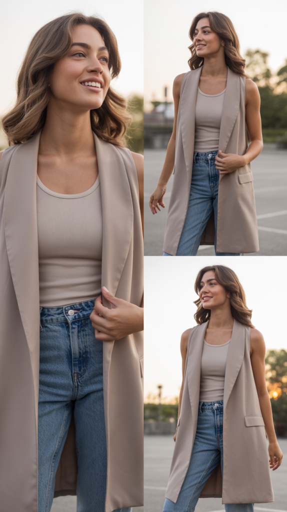 Long Vest Over Simple Outfit