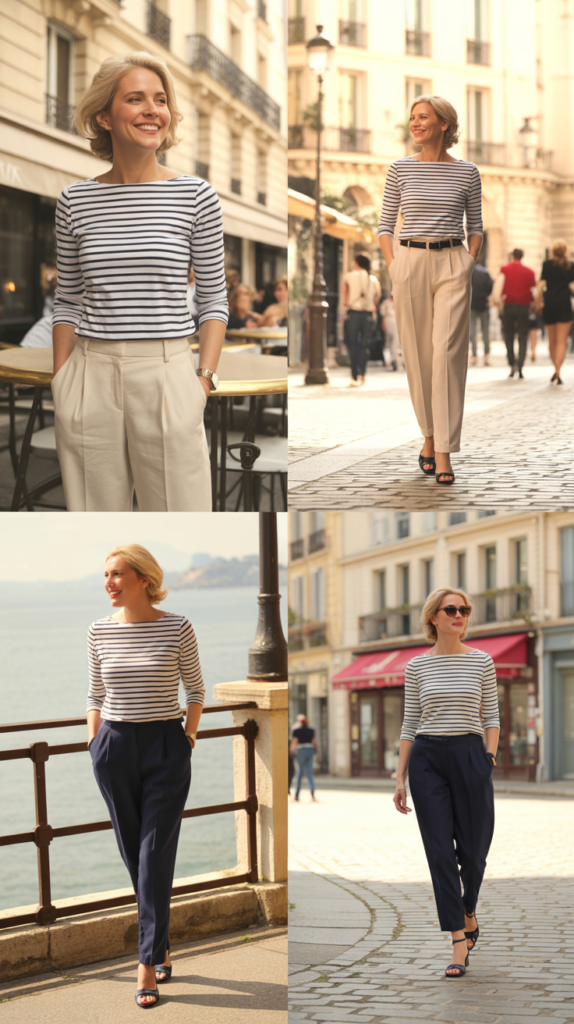 Relaxed Trousers with Striped Boat Neck Top