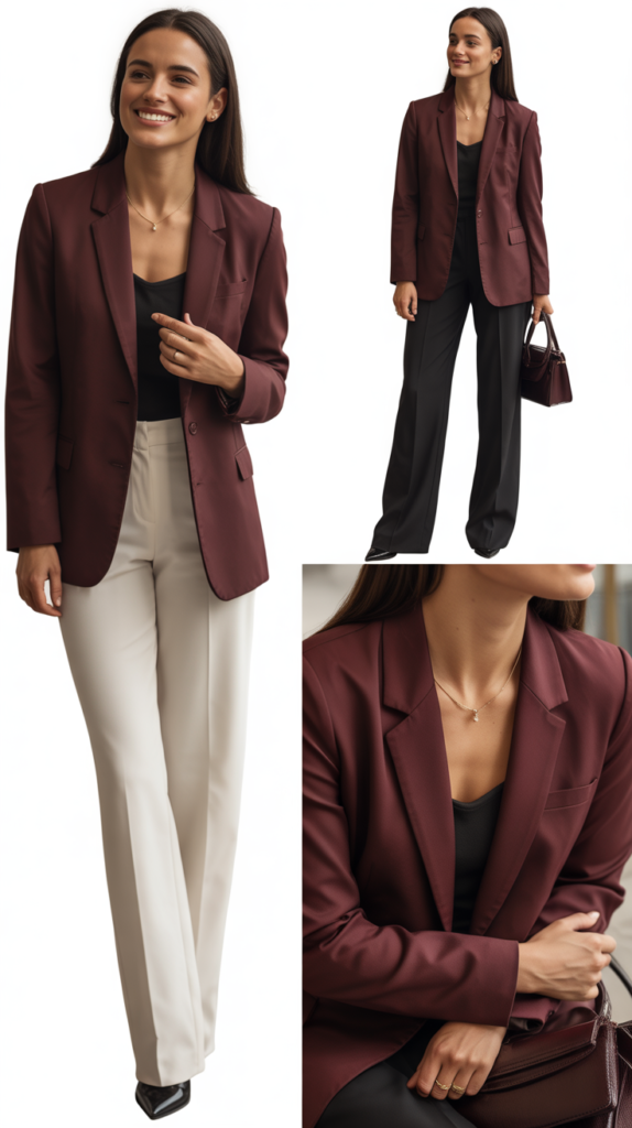Burgundy Blazer with Neutral Separates