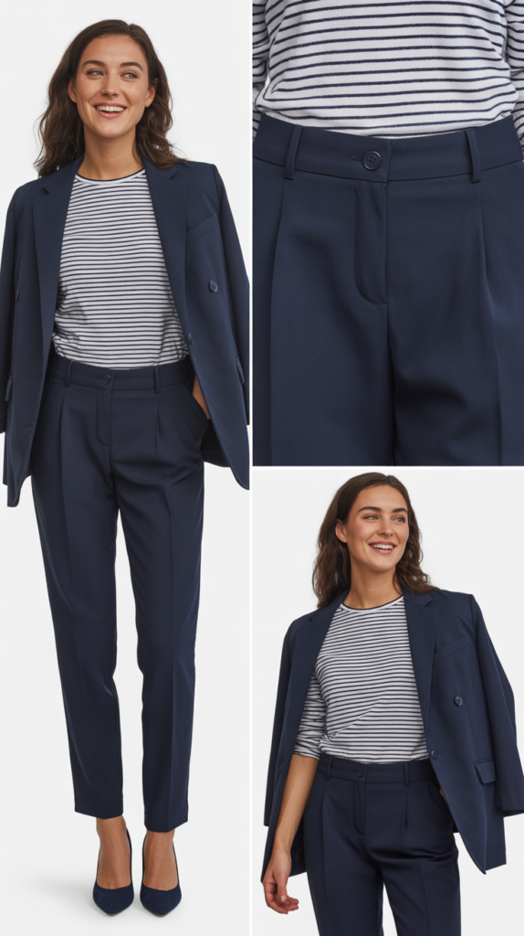 Navy Trousers with Striped Button-Down Shirt
