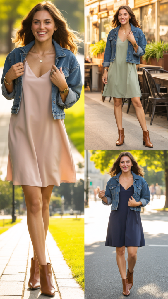 Cami Dress with Denim Jacket and Booties
