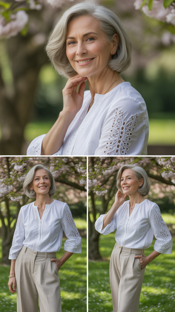 Eyelet or Broderie Anglaise Top with Neutral Bottoms