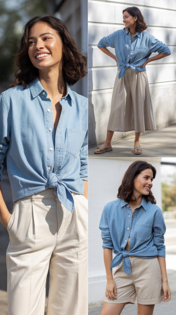  The Chambray Shirt and Neutral Bottoms