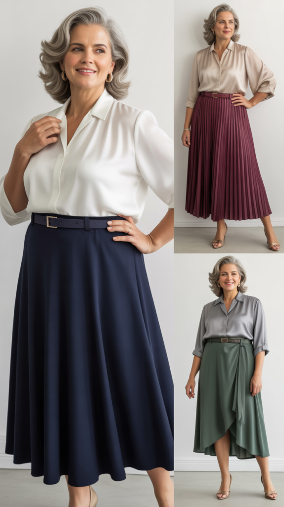 Midi Skirt with Tucked-In Blouse and Belt