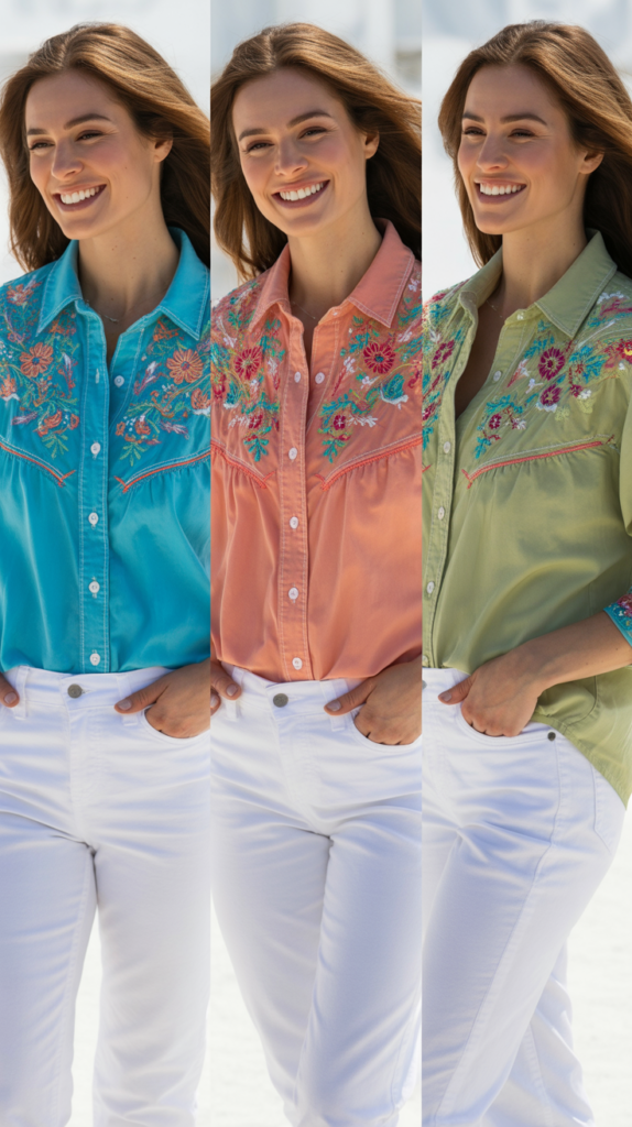 White Jeans with Colorful Western Blouse