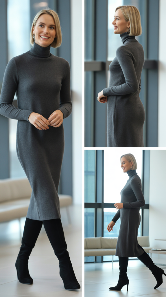 Charcoal Turtleneck Dress with Knee-High Boots
