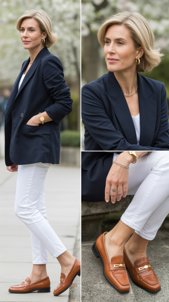  Classic Blazer with White Jeans and Loafers