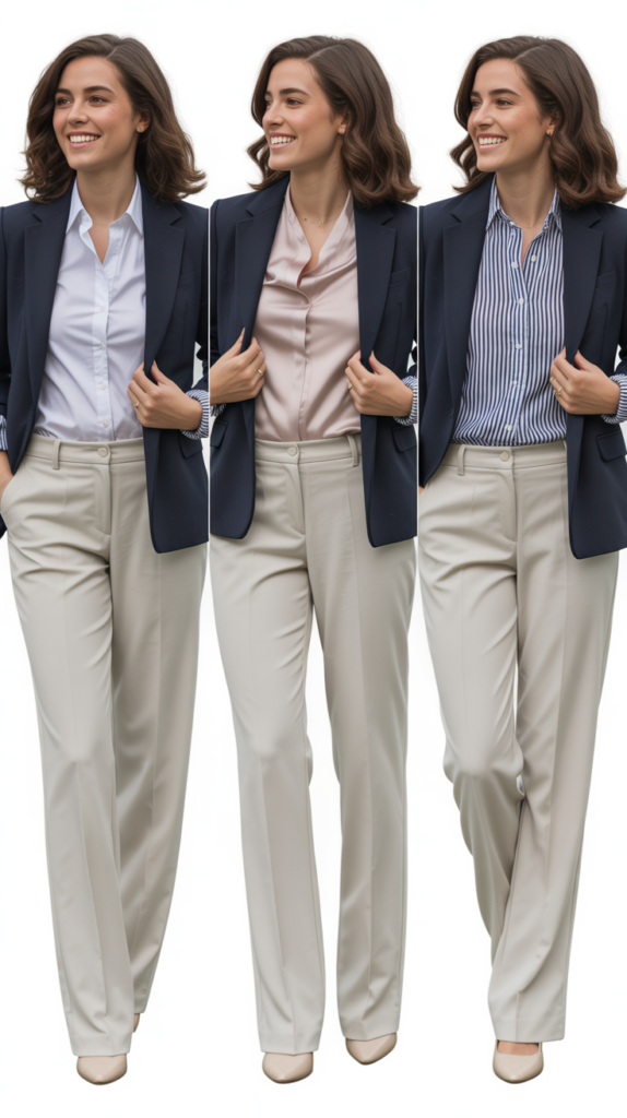 Ivory Trousers with Navy Blazer