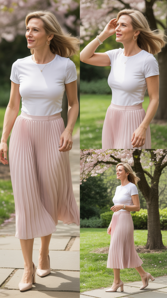 Pleated Midi Skirt with Tucked-In Tee