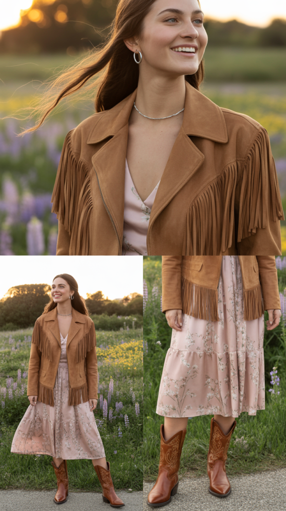 Fringe Suede Jacket Over Floral Midi Dress