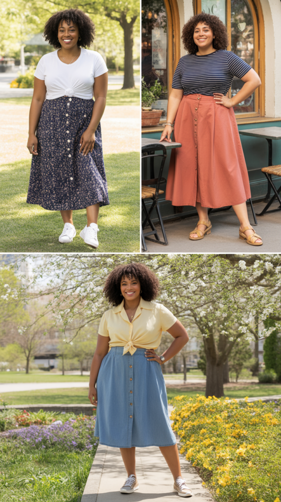  Button-Front Midi Skirt with Tucked Tee