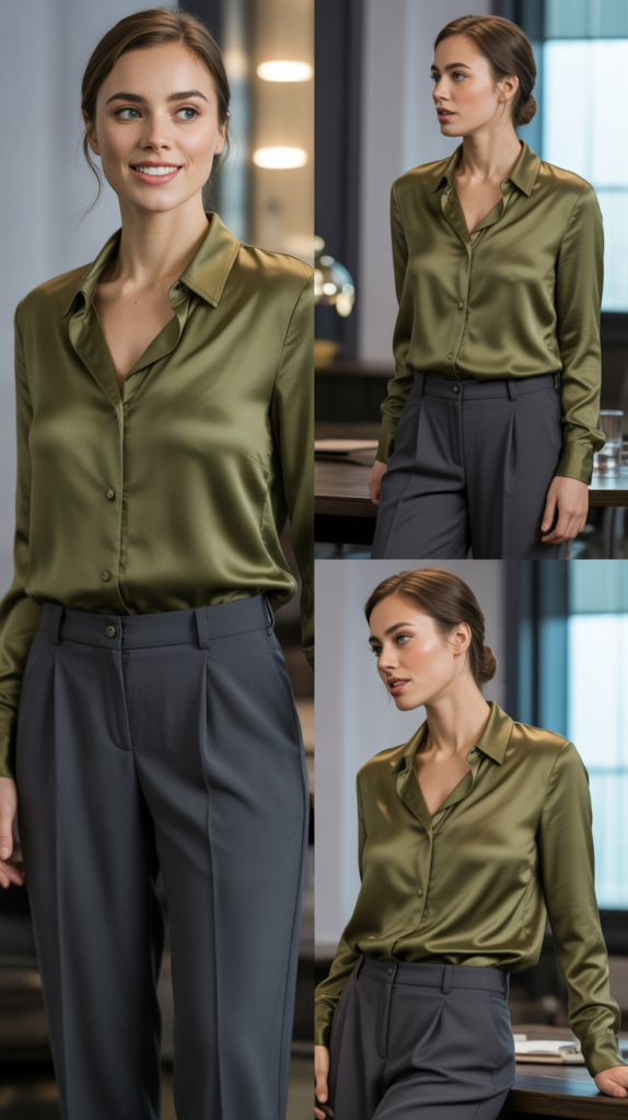  Olive Green Silk Blouse with Charcoal Trousers