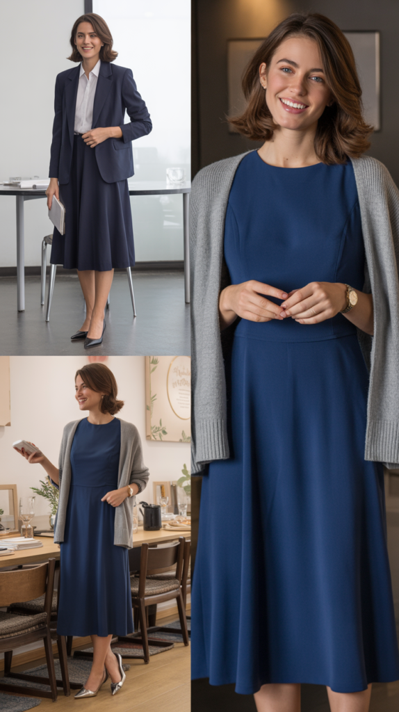 Navy Midi Dress with Waist Definition