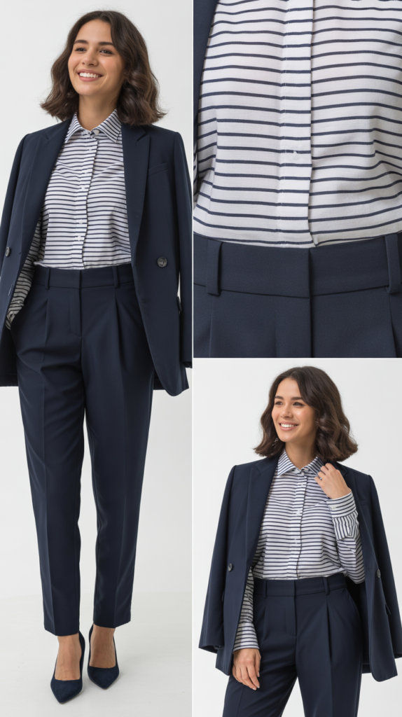 Navy Trousers with Striped Button-Down Shirt