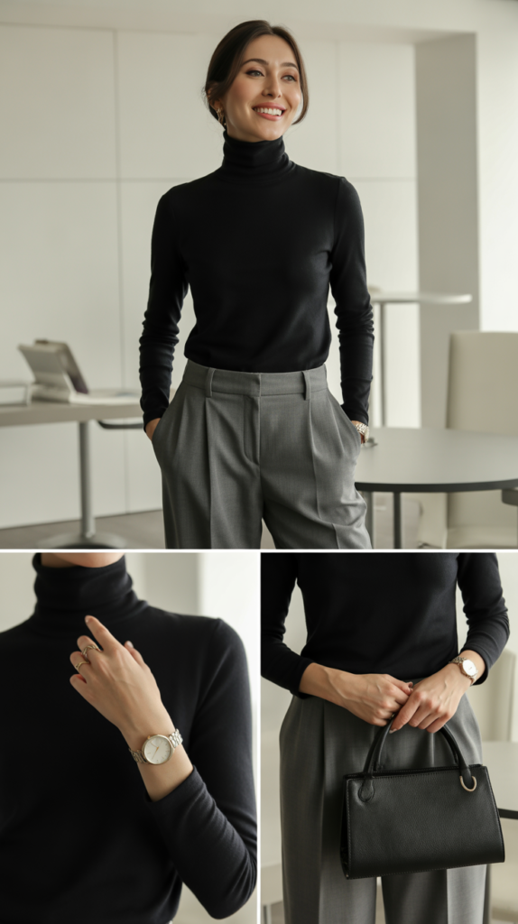 Black Turtleneck with Grey Tailored Trousers