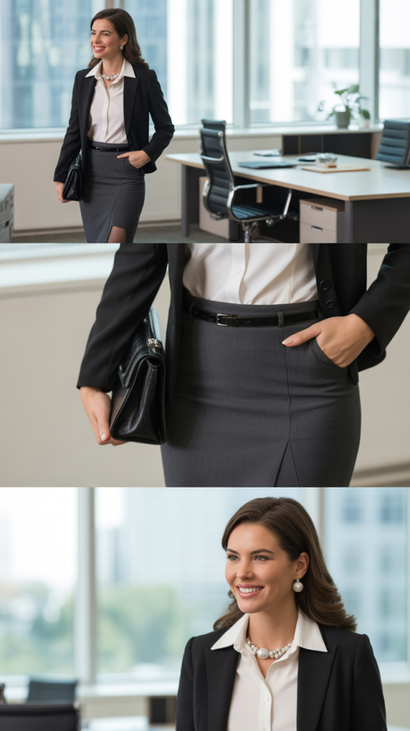 Classic Black Pencil Skirt with White Button-Down