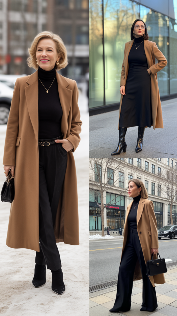 Camel Coat and All-Black Ensemble
