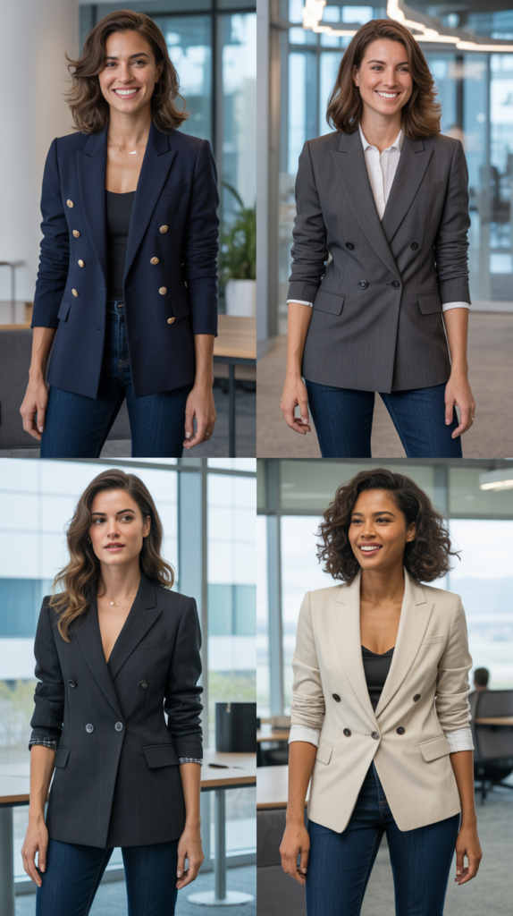 Classic Dark Wash Jeans with Tailored Blazer