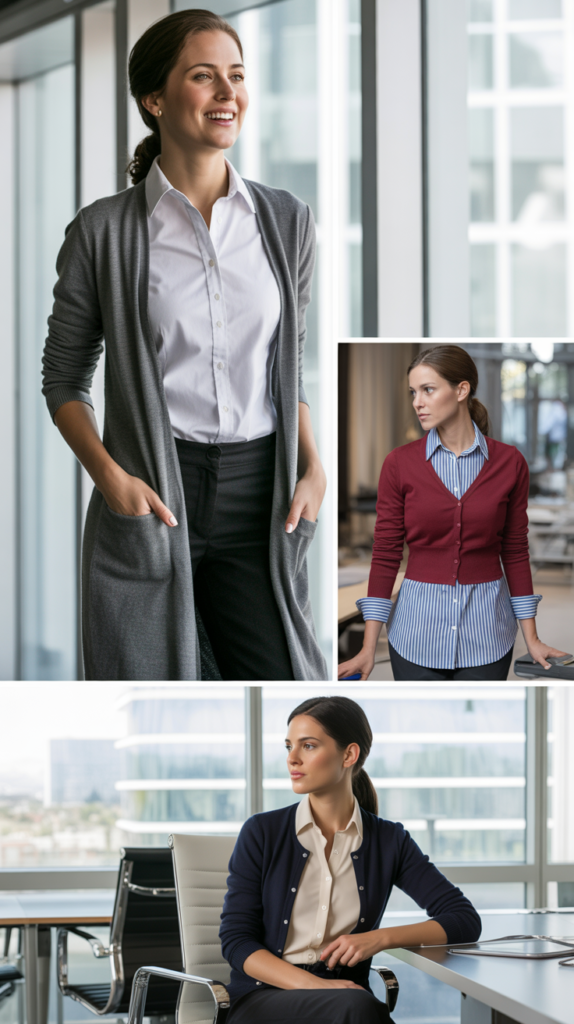 Layered Cardigan Over Button-Down Shirt