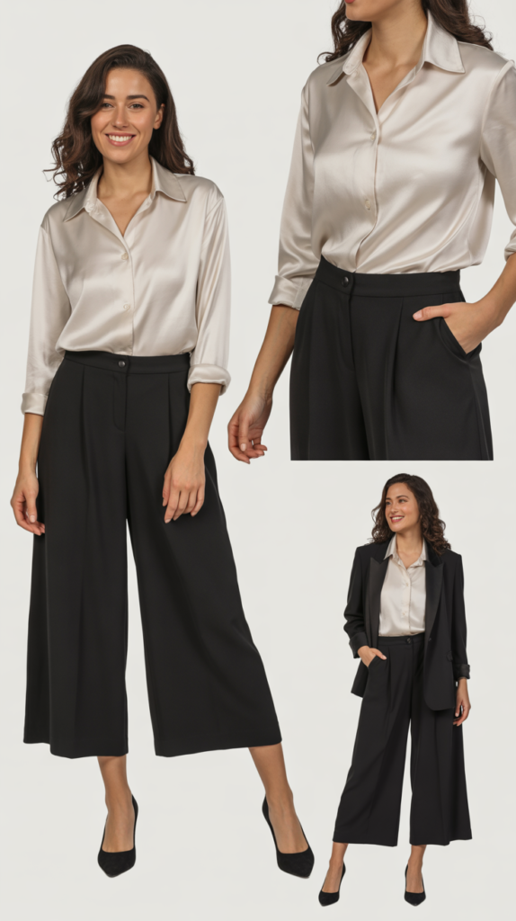Black Culottes with Silk Button-Down