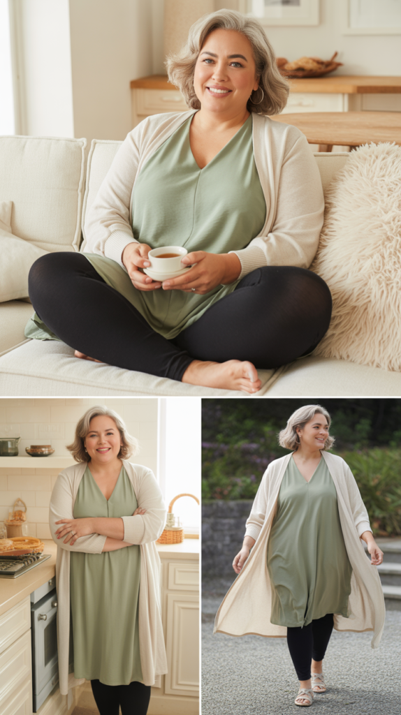  Flowy Tunic Top with Leggings and Long Cardigan