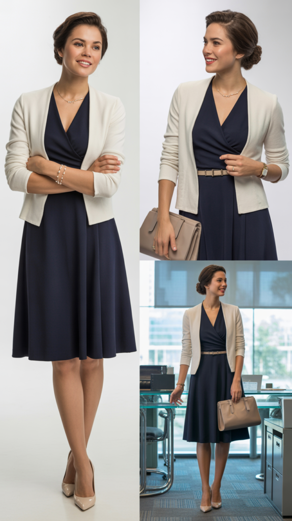 Navy Wrap Dress with Structured Cardigan