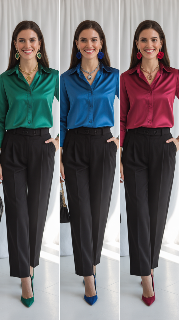 Black Trousers with Jewel-Tone Blouse