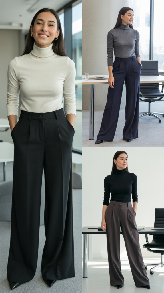 Wide-Leg Trousers with Tucked-In Turtleneck