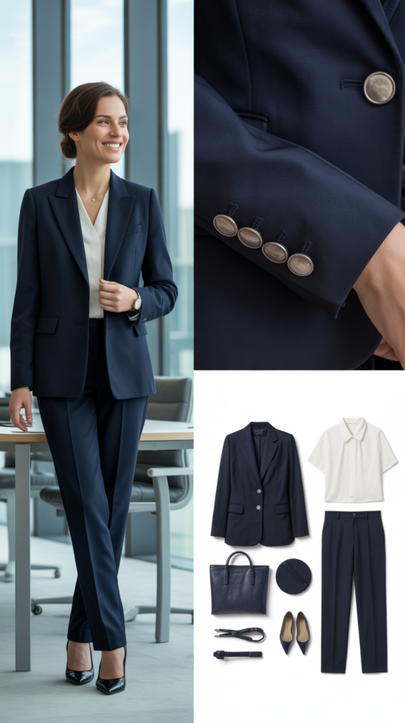The Classic Navy Blazer and White Blouse Combination