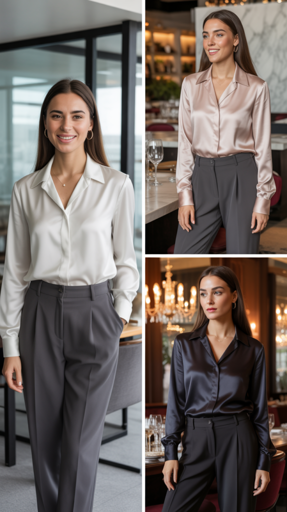 Silk Blouse and High-Waisted Trousers