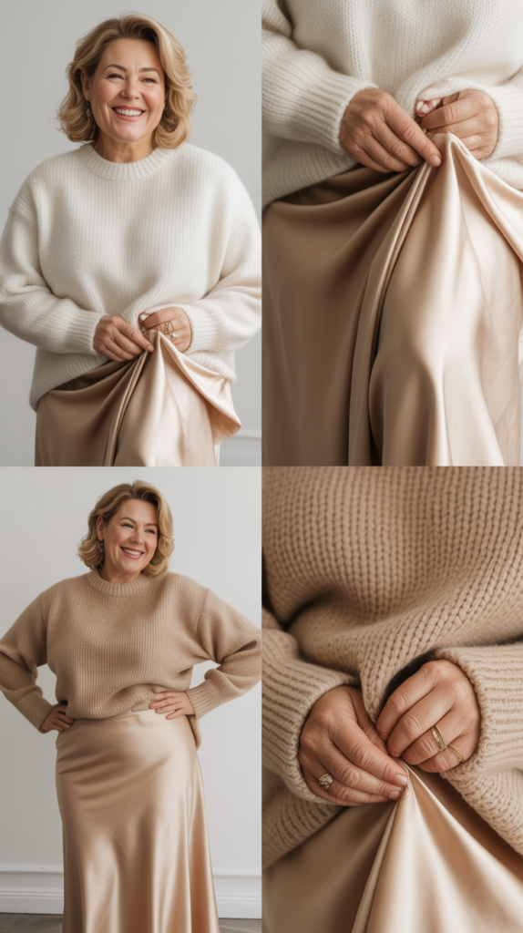 Sweater and Silk Skirt Combination