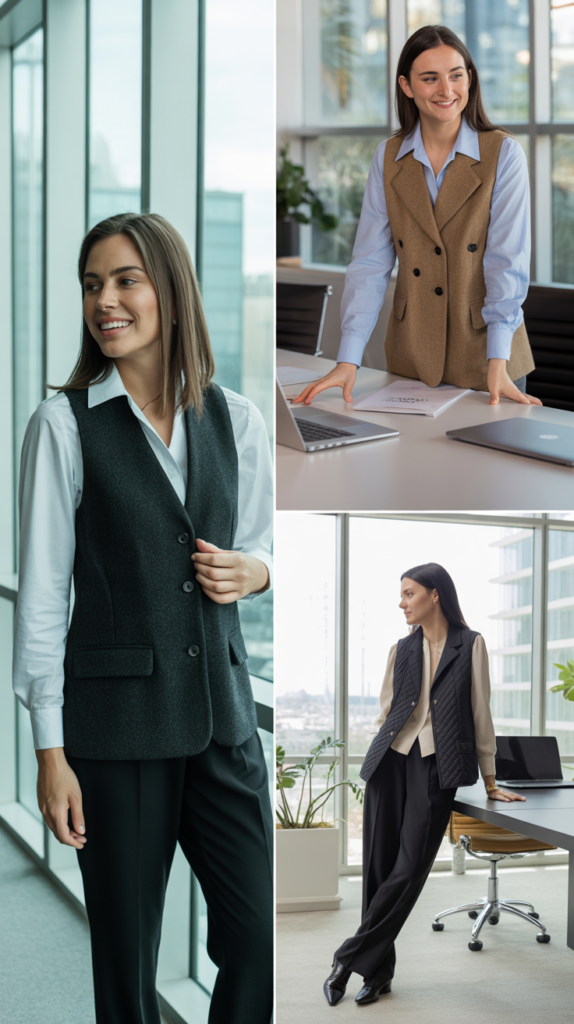 Layered Vest Over Long-Sleeve Blouse