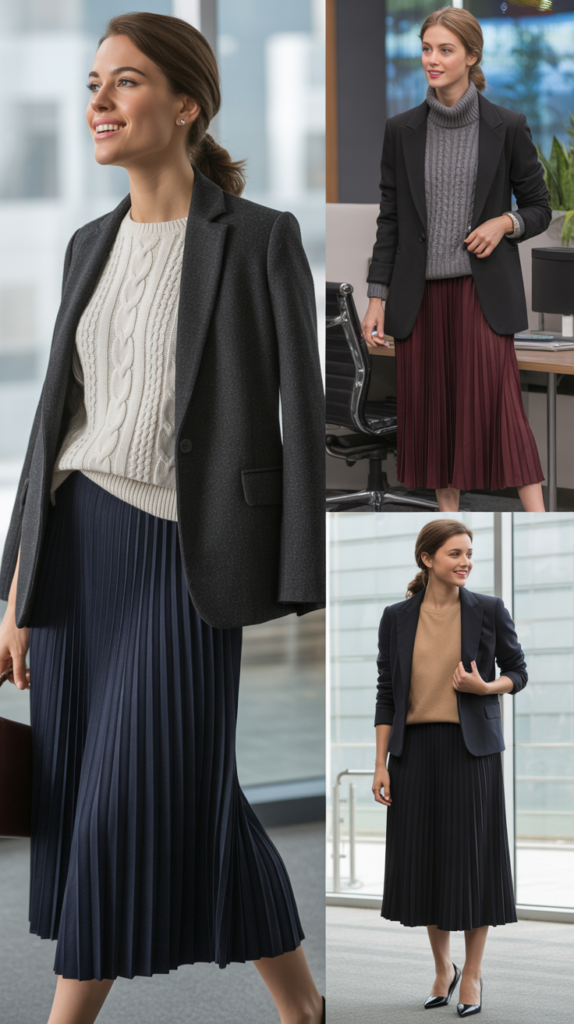 Pleated Skirt with Chunky Knit and Blazer