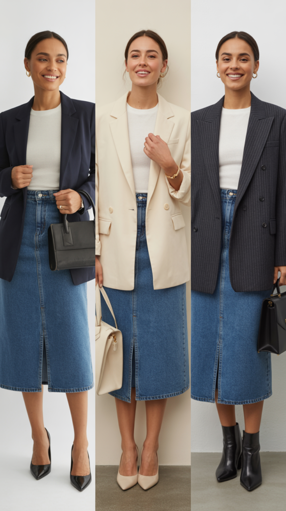  Denim Midi Skirt with White Sweater