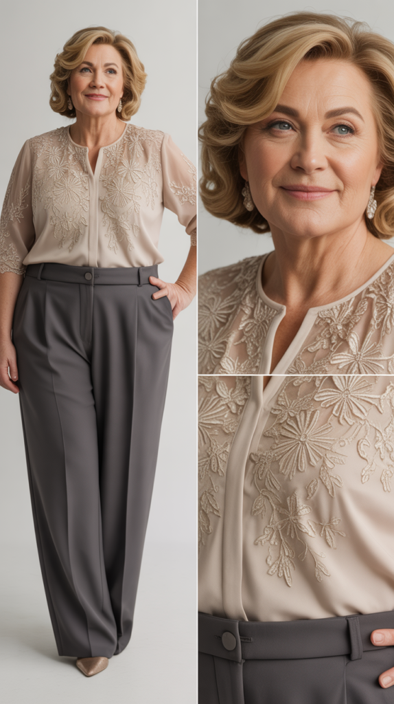 Lace or Embroidered Top with Tailored Pants