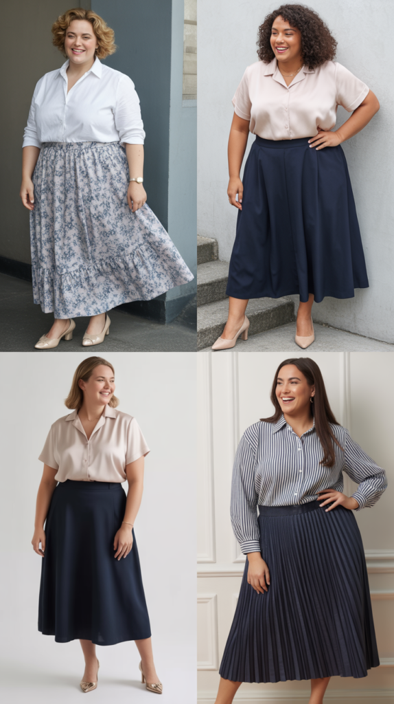 Midi Skirt with Tucked-In Blouse