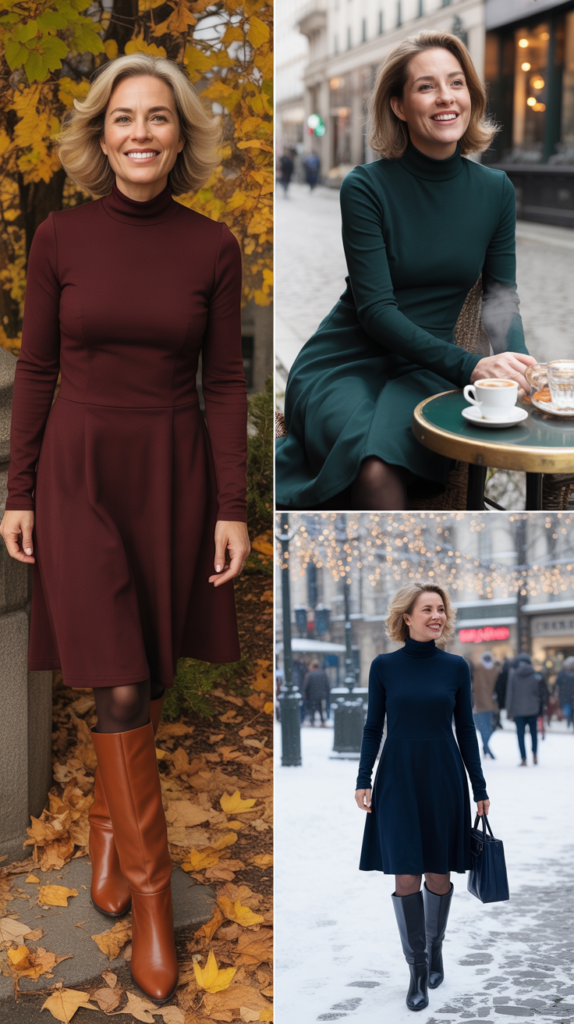 Mock Neck Dress with Knee High Boots